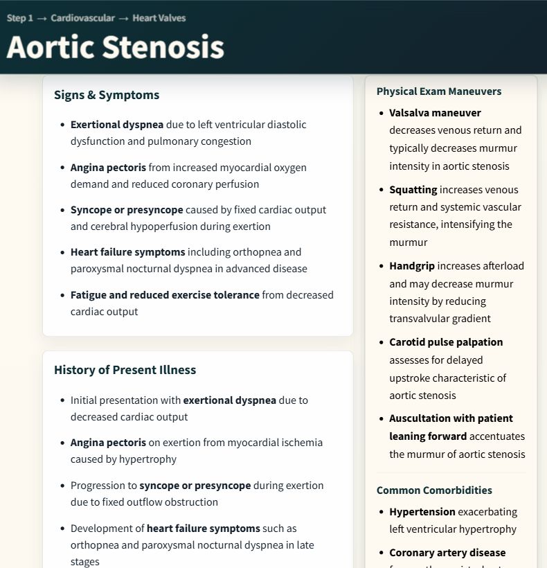 Paid Doctogenic Aortic Stenosis clinical presentation section showing signs, symptoms, and history