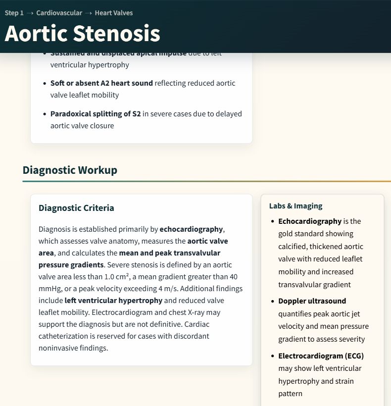 Paid Doctogenic Aortic Stenosis diagnostic workup section showing diagnostic criteria, labs, and imaging
